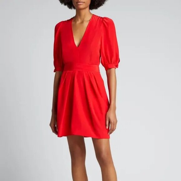 NWOT Stella McCartney Red Silk Puff Sleeve Belted Mini Dress Size IT42/US6 - Picture 1 of 13
